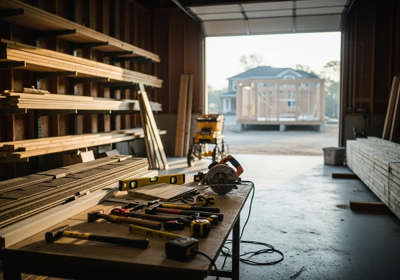 Construction crew with tools and equipment ready for a home renovation project on a residential property.