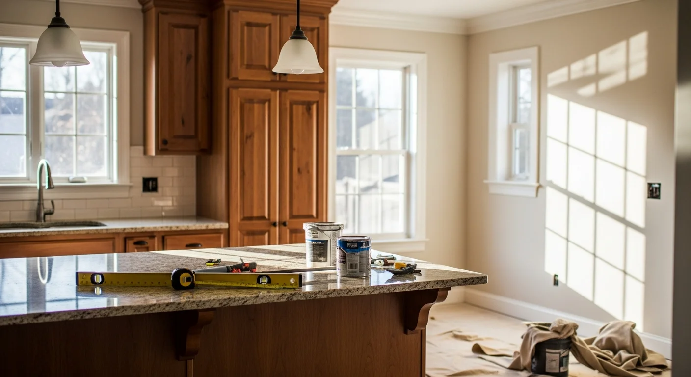 Renovated kitchen with custom cabinets and countertops