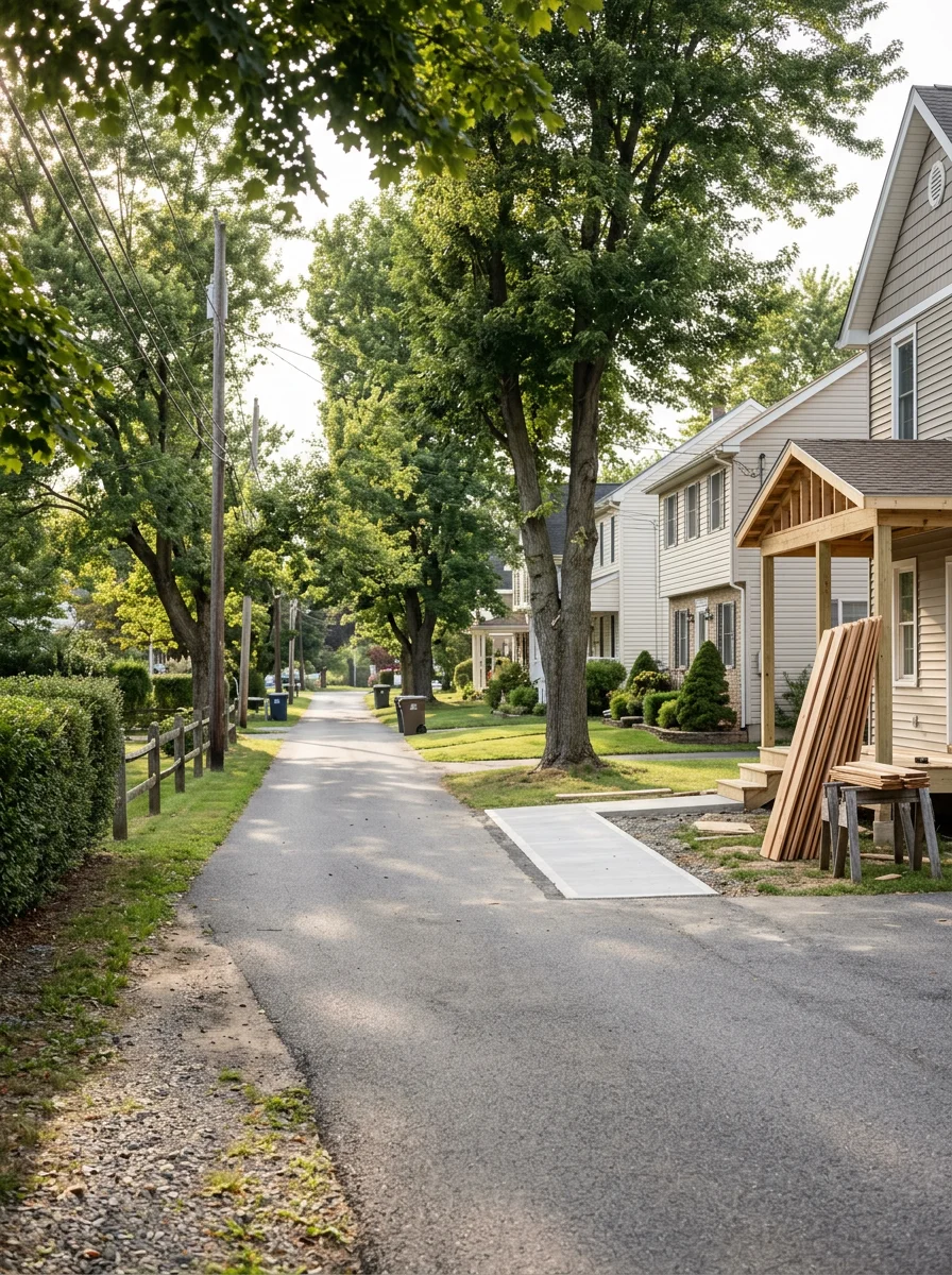 Suburban homes on a residential street in Willow Street, PA, with mature trees