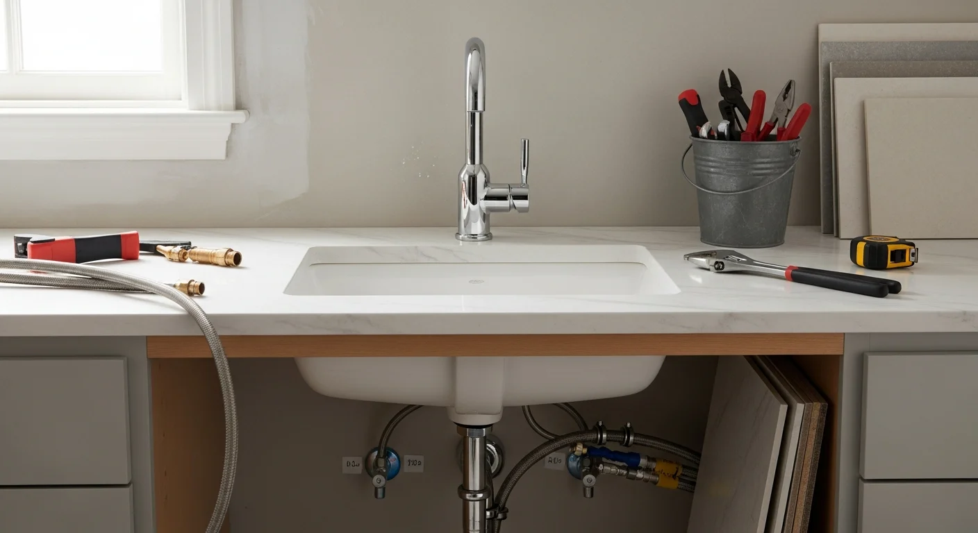 A newly installed bathroom vanity, sink, and faucet in a Neffsville, PA home, showing clean plumbing connections and finished wall surrounds. The updated fixtures reflect a practical bathroom upgrade typical of Lancaster County residential remodeling work by Cornerstone Builders LLC.