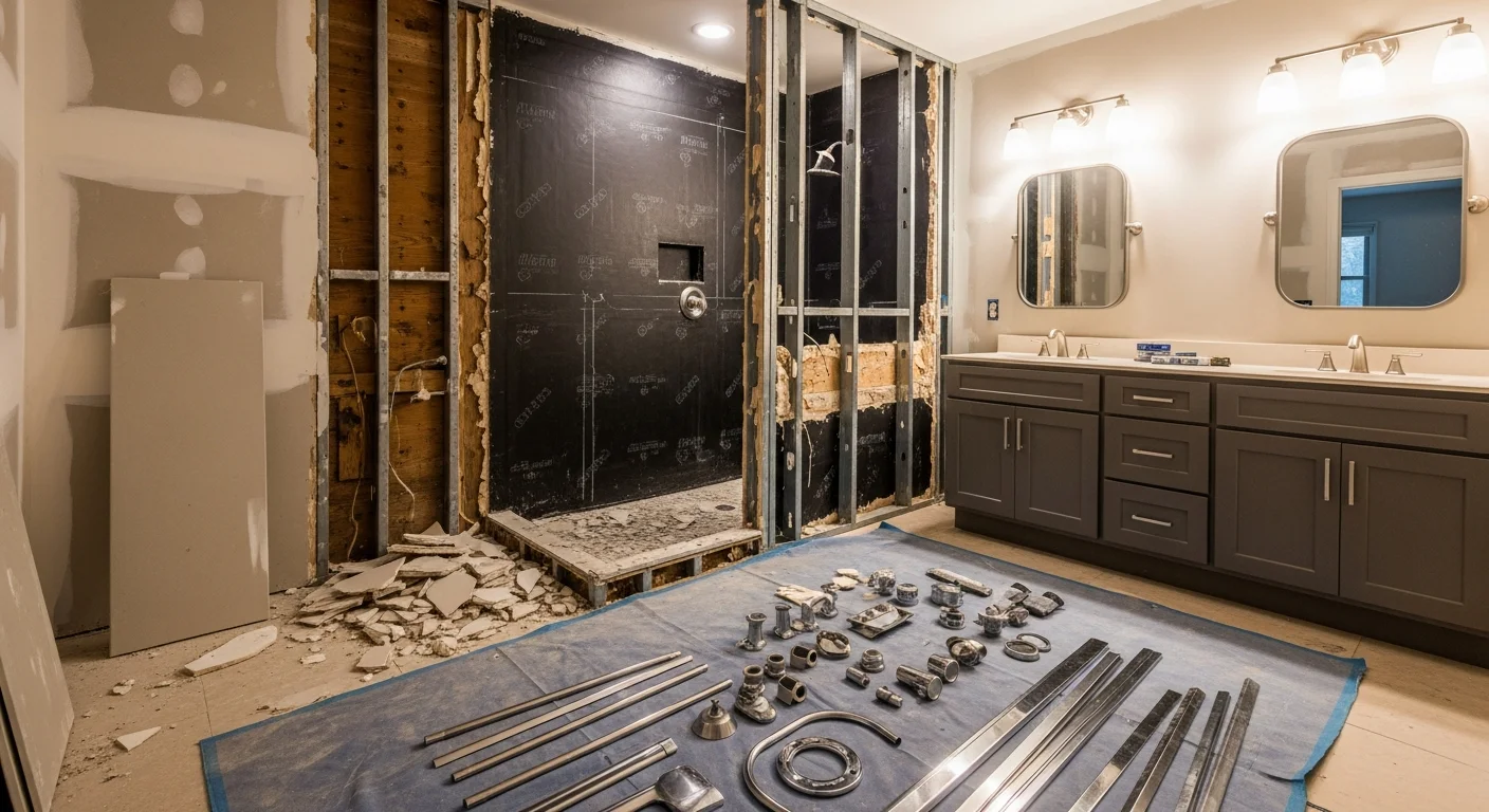 A remodeled bathroom in a Neffsville, PA home featuring a walk-in tile shower, updated double vanity, and new flooring installed by Cornerstone Builders LLC. The space shows clean grout lines, modern fixtures, and a layout designed for a Lancaster County suburban home.