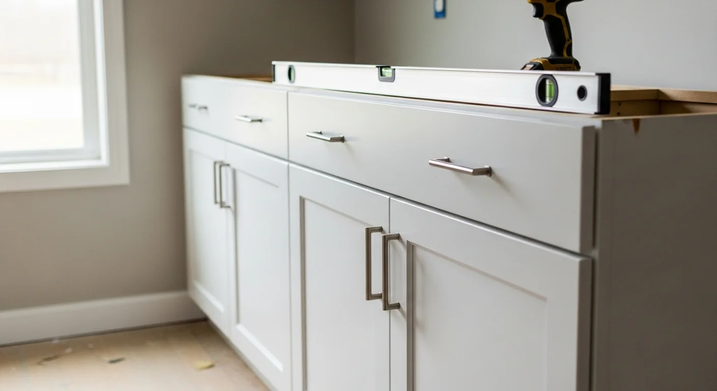 Newly installed white shaker kitchen cabinets with aligned hardware and crown molding trim in a Neffsville, PA home remodeled by Cornerstone Builders LLC. Base and wall cabinet runs are set flush and level against a freshly painted kitchen wall in a Lancaster County residential kitchen.