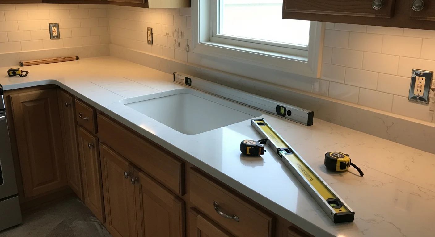 Newly installed kitchen countertop in a Neffsville, PA single-family home, showing a clean edge profile and flush fit against wood cabinetry. The surface runs along a standard kitchen layout with an undermount sink cutout and no visible seam gaps.