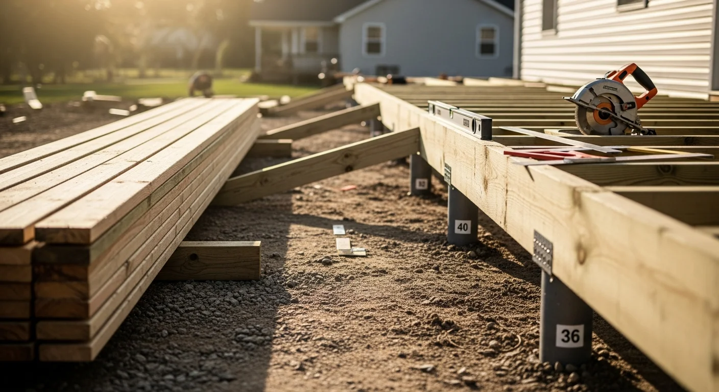 A newly constructed wood-framed deck attached to the rear of a residential home in Neffsville, PA, featuring built-in stairs and code-compliant railings. The deck extends over a graded backyard typical of Lancaster County suburban properties.