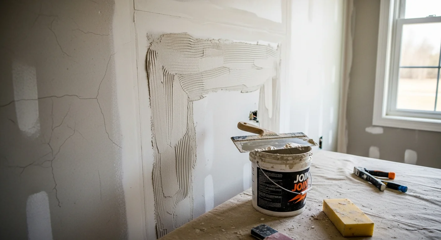 A freshly finished drywall wall in a Neffsville, PA home interior, showing a smooth, seam-free surface ready for paint. A contractor's tools and joint compound are visible in the foreground.
