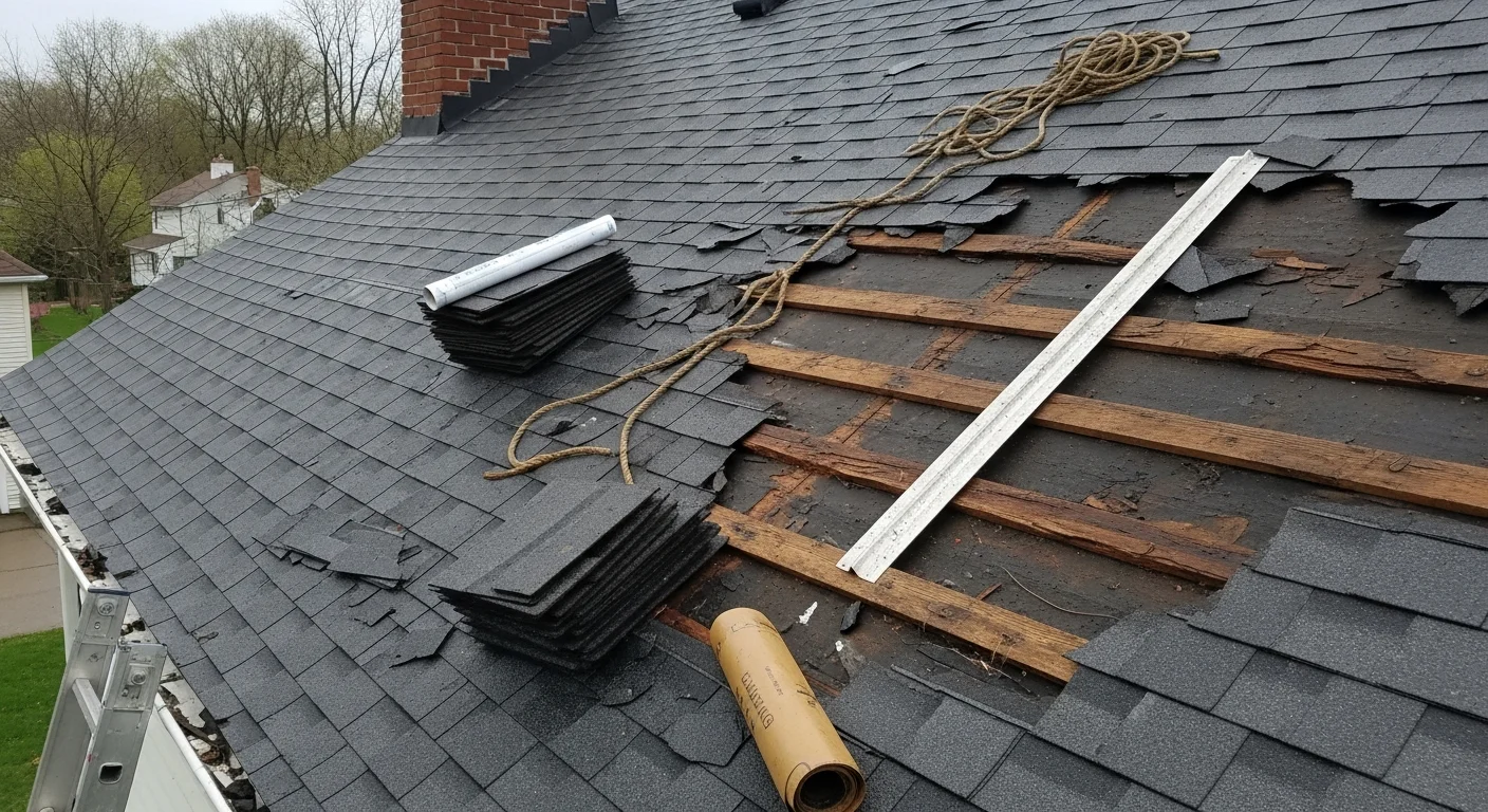 A Cornerstone Builders LLC crew member inspecting storm-damaged shingles on a residential roof in Neffsville, PA. Close-up view shows lifted flashing and missing shingle sections following a Lancaster County wind event.