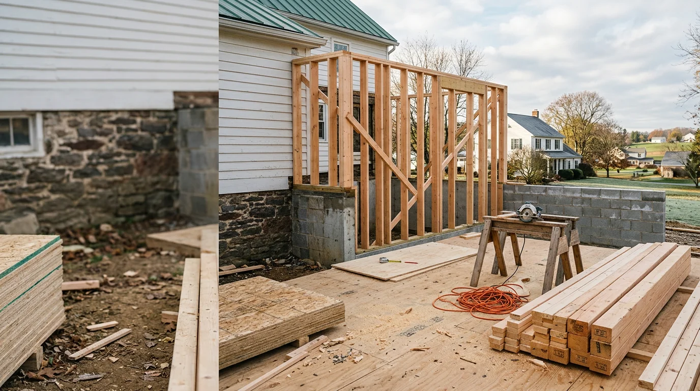 A newly completed home addition on a Lancaster County residential property in Neffsville, PA, showing framed exterior walls and a roofline that ties into the existing structure. The addition extends the rear of a single-family home with matching siding and trim.