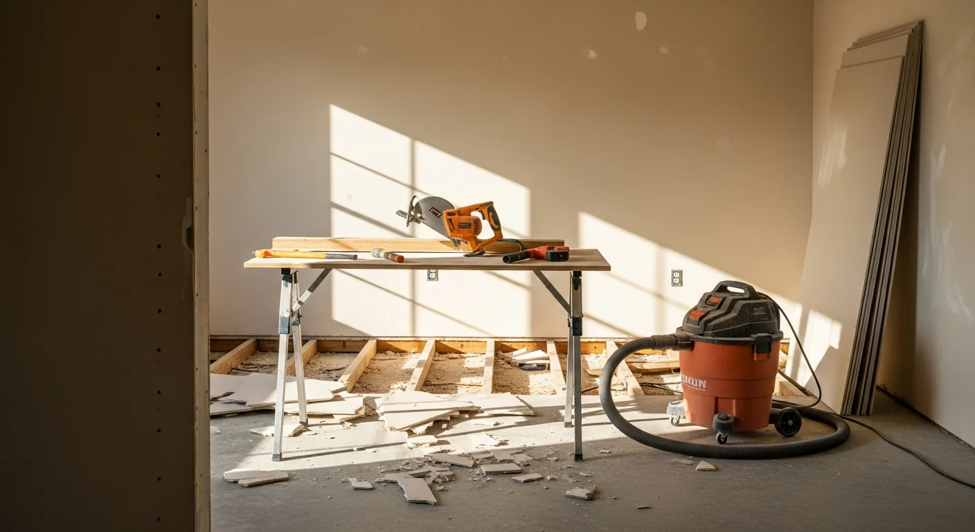 Interior demolition in progress inside a Neffsville, PA home, with walls stripped to the studs and debris staged for removal. A cleared residential room ready for renovation work by Cornerstone Builders LLC.