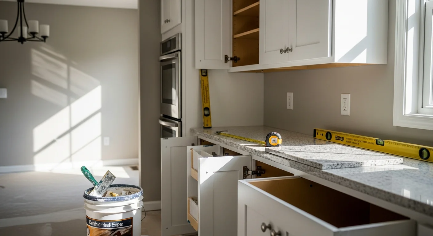 A fully remodeled kitchen in a Neffsville, PA home featuring new cabinetry, updated countertops, and recessed lighting. The space shows a clean, functional layout typical of Lancaster County residential remodeling work by Cornerstone Builders LLC.