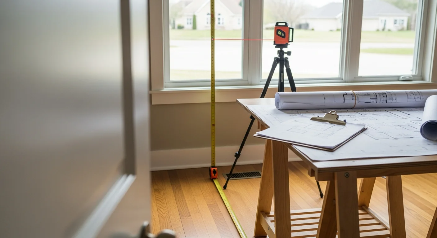 A Cornerstone Builders LLC general contractor reviewing remodeling plans with a homeowner inside a Neffsville, PA residence. The image shows an open living space being assessed for a planned interior remodel.
