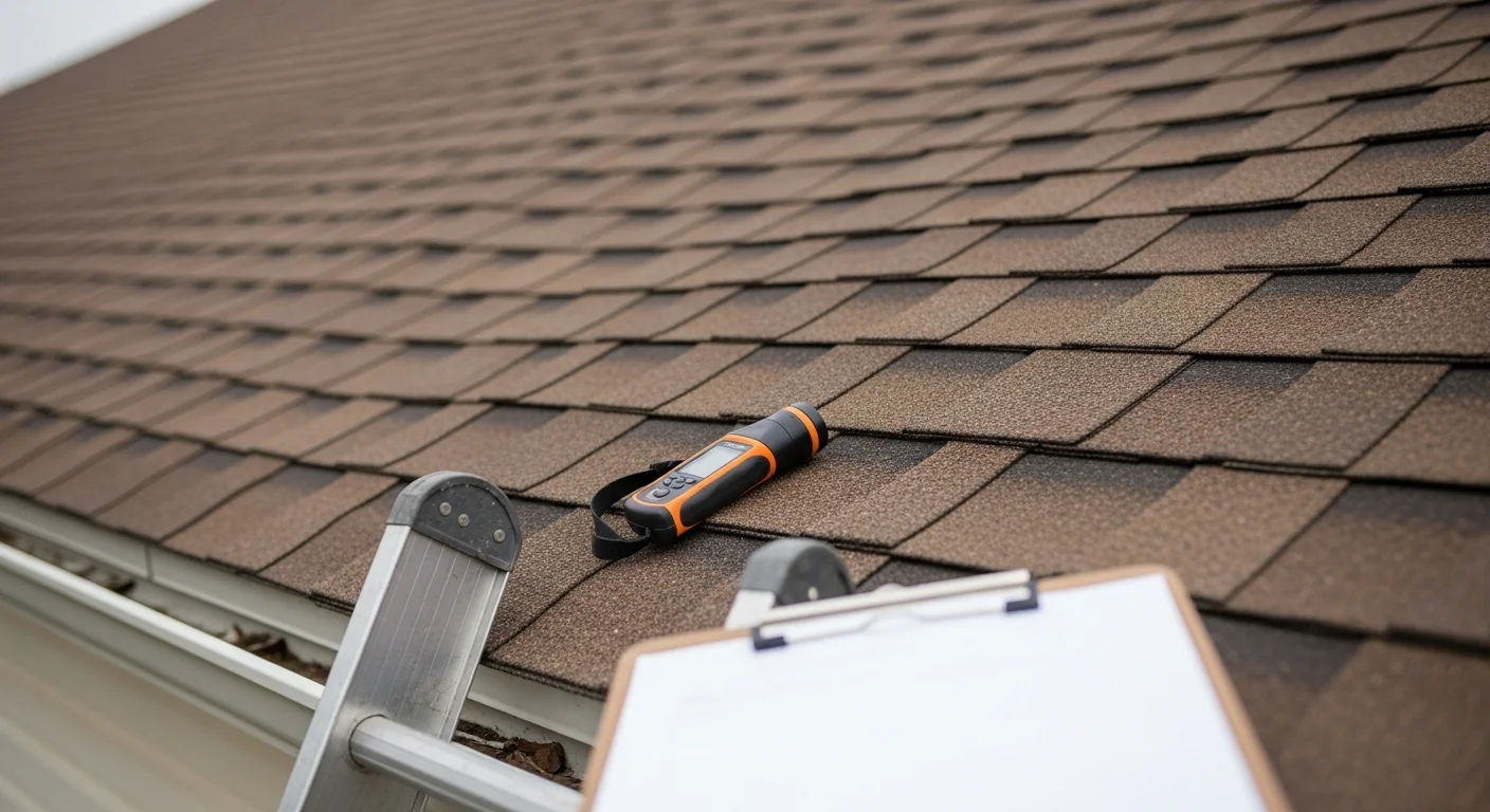 A Cornerstone Builders LLC roofing contractor inspecting shingles and flashing on a residential home in Neffsville, PA. The inspector examines the roof surface and gutter line on a Lancaster County property.