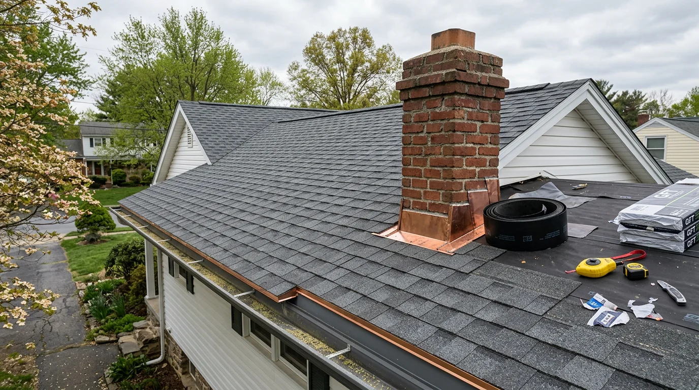 Newly installed roof on a residential home in Neffsville, PA, showing clean shingle lines, finished ridge cap, and properly flashed chimney. Cornerstone Builders LLC roof installation in Lancaster County.