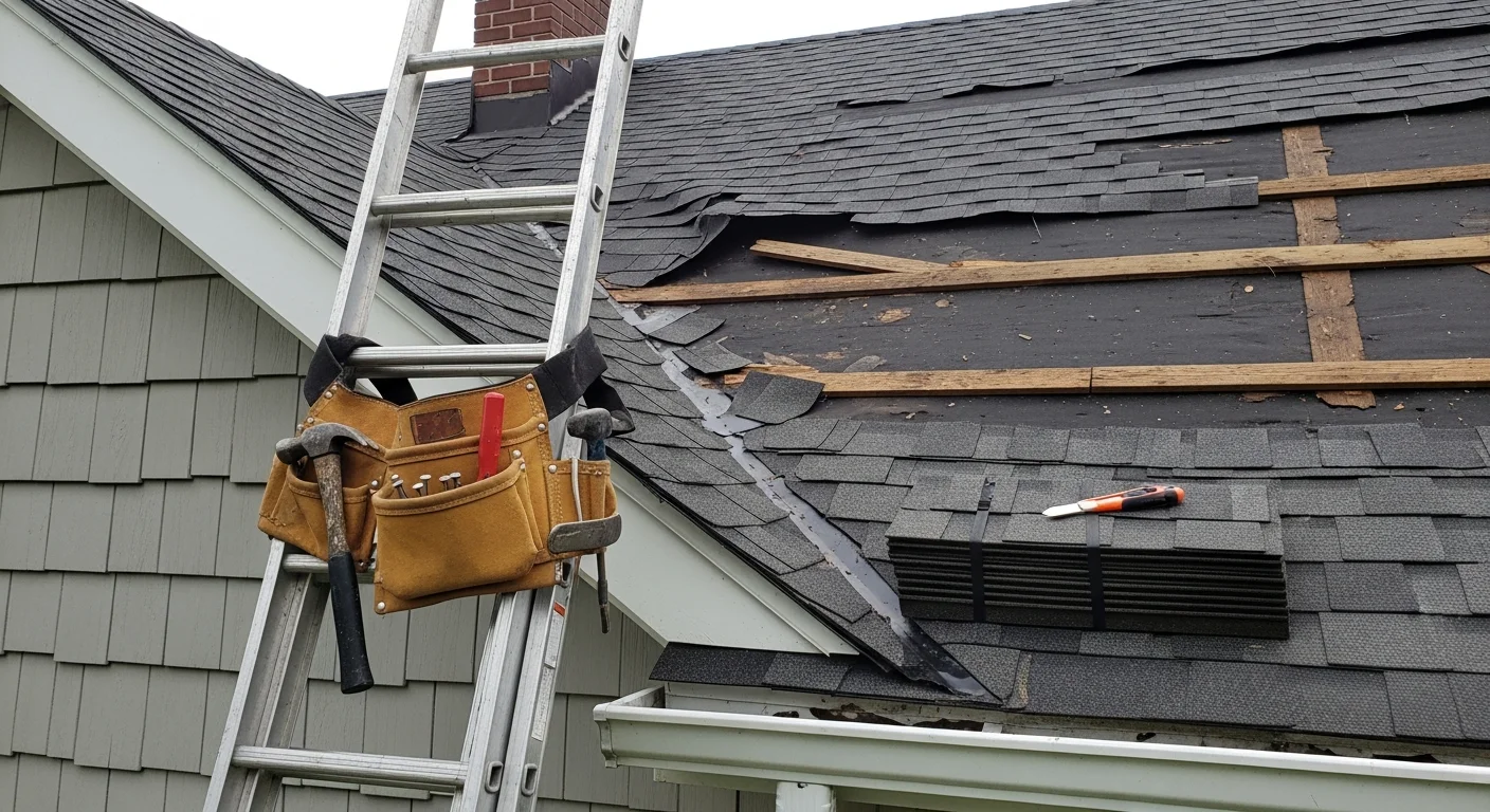 A Cornerstone Builders LLC crew member inspecting storm-damaged shingles on a residential roof in Neffsville, PA. Close-up view shows lifted shingles and exposed underlayment typical of Lancaster County wind damage.