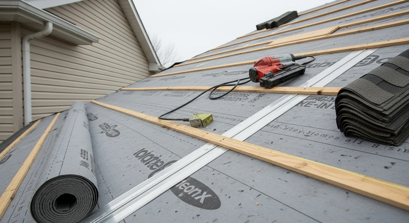 A completed residential roofing installation on a single-family home in Neffsville, PA, showing a full roof surface with new flashing along the edges and chimney. The home sits in a quiet Lancaster County neighborhood typical of the Manheim Township area.