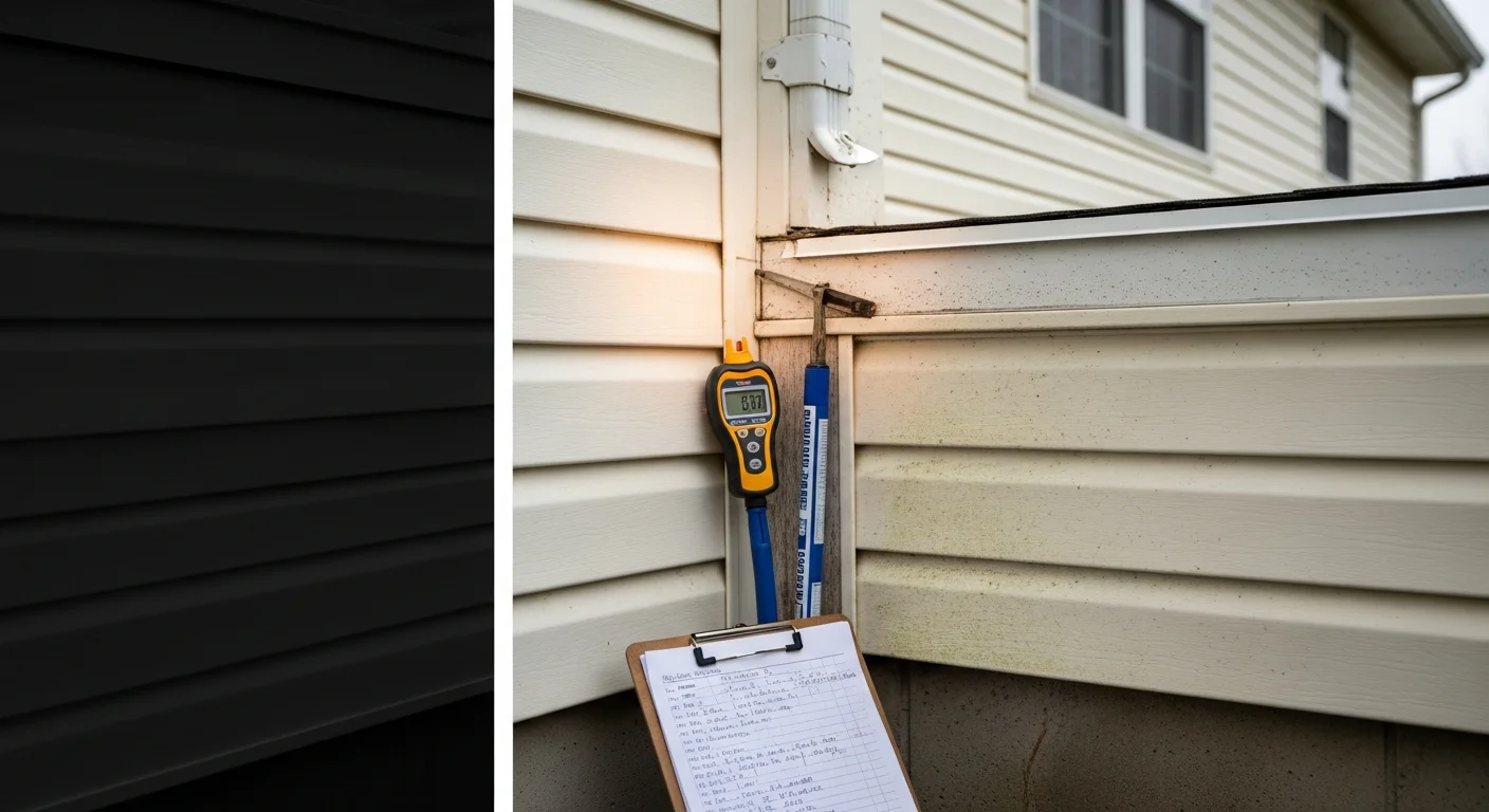 A Cornerstone Builders LLC contractor closely examining the panel seams and trim lines on the exterior siding of a residential home in Neffsville, PA. The image shows a detailed view of the siding surface with visible inspection focus on a corner transition point near a window frame.