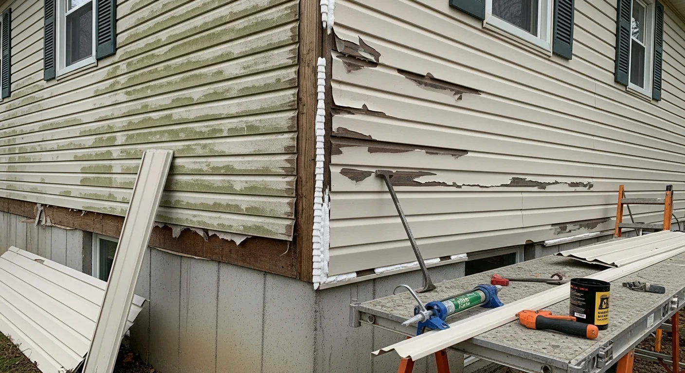 A Cornerstone Builders LLC crew member repairing damaged exterior siding panels on a single-family home in Neffsville, PA. Close-up view shows new panels being fitted along the wall to replace cracked and weathered sections.
