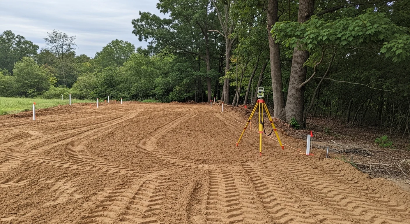 A graded and cleared residential construction lot in Neffsville, PA, with compacted soil and defined drainage slopes ready for foundation work. Lancaster County farmland and tree lines are visible in the background.